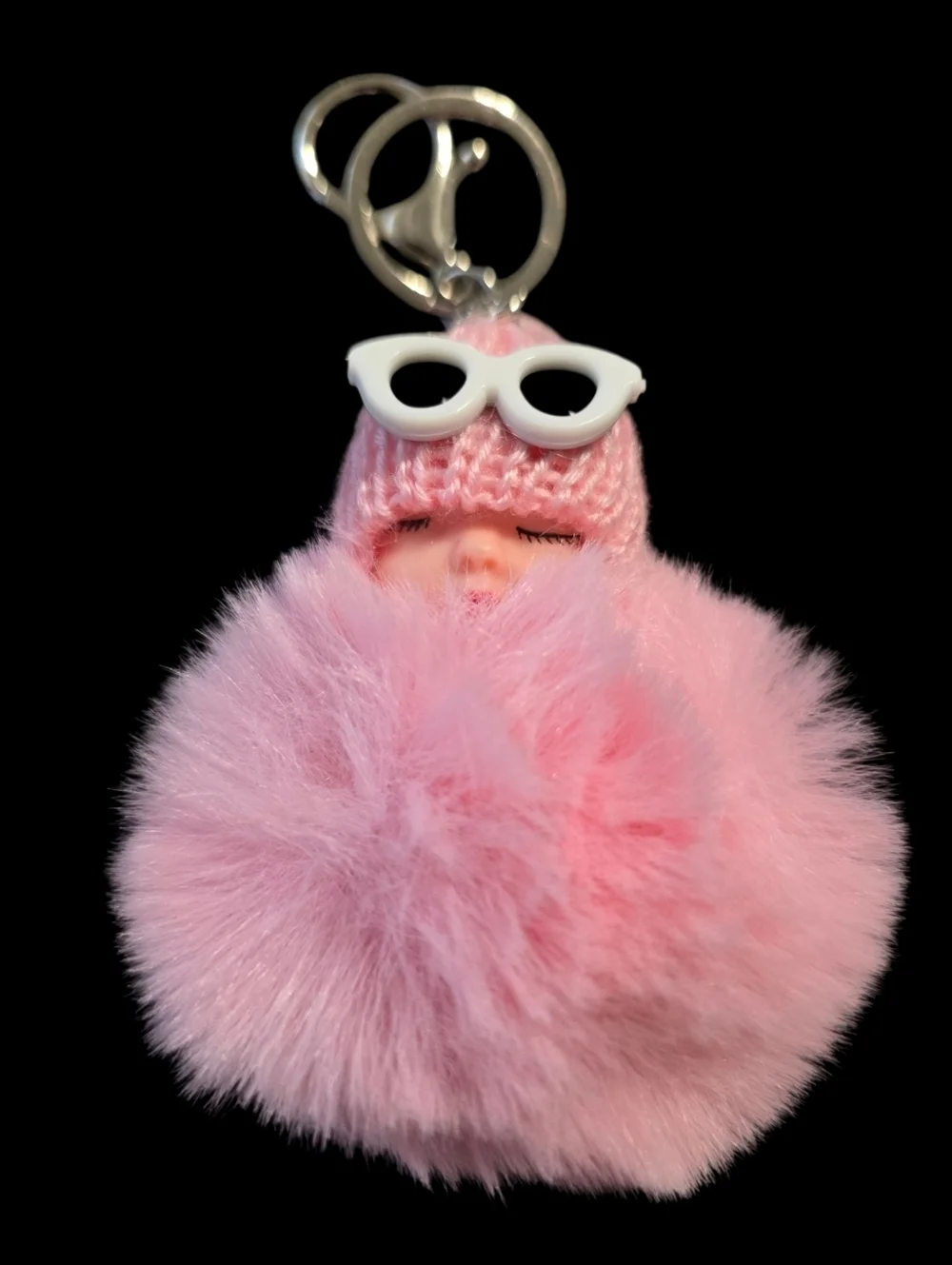 Pink Faux Fur Pom Bag Charm Keychain with Sleepy Doll Accent